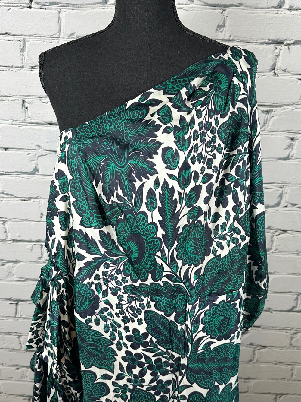 J. Crew Silky One Shoulder Ruffle Hem Dress Size 24 Emerald Navy Floral Formal - Picture 8 of 16